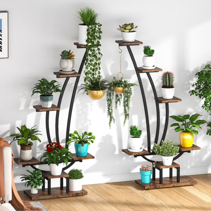 59.8"H Wood Rectangular Multi-Tiered Indoor Plant Stand with 6-Tier Shelf and Hooks(Pack of 2)