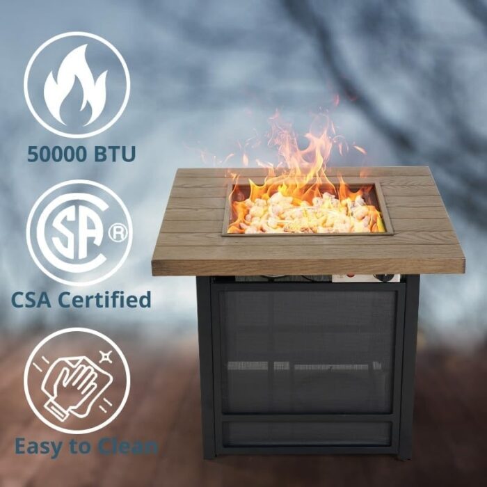 30 Inch Fire Pit Table, Propane Firepit Outdoor Gas Fire Pits Clearance, 50,000 BTU with Woodgrain Tabletop, Lid, Lava Rocks