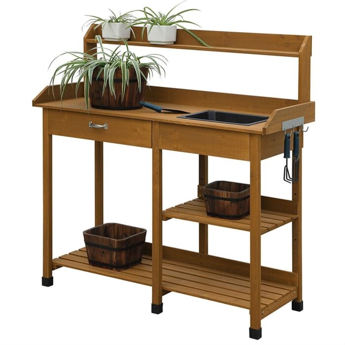 Wooden Potting Bench Work Table-sink Light Oak Finish - 46 x 17.8 x 47.6 inches