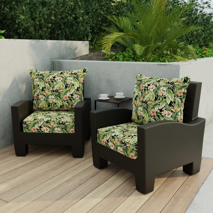 24" x 47" Black Leaves Outdoor Deep Seat Chair Cushion Set