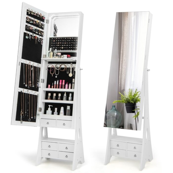Gymax Jewelry Cabinet Armoire Full Length LED Mirror w/ 6 Drawers &