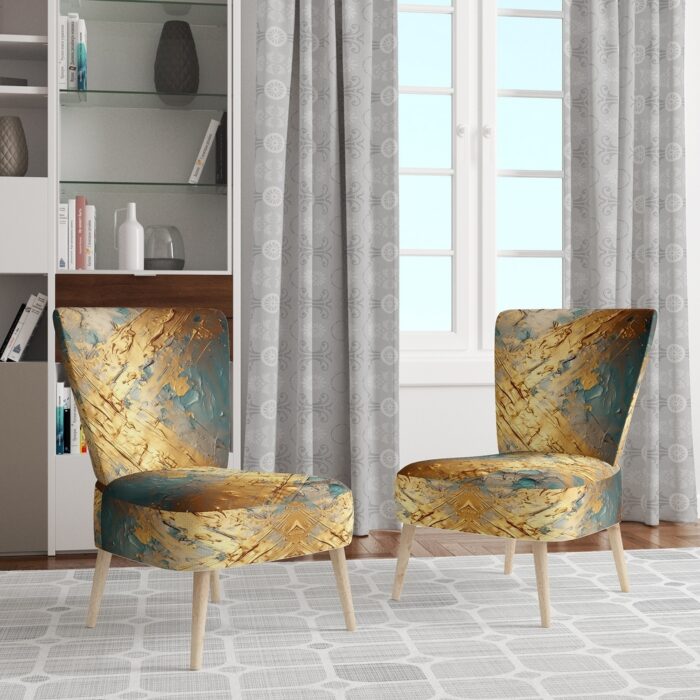 Designart "Exquisite Evening Glow Vintage Gold On Teal I" Upholstered Modern Geometric Accent Chair and Modern Arm Chair - Image 2