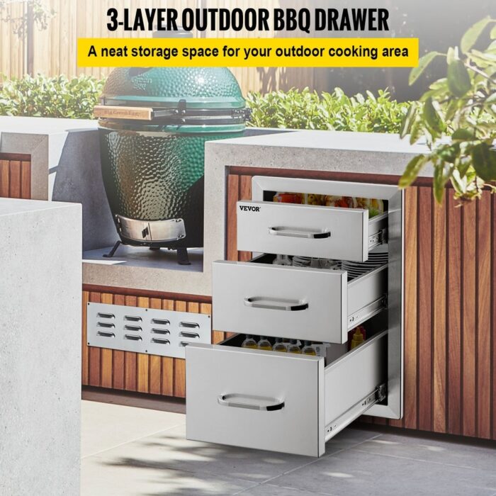 VEVOR 18x23in Outdoor Kitchen Stainless Steel Triple Access BBQ Drawers with Chrome Handle - Image 2