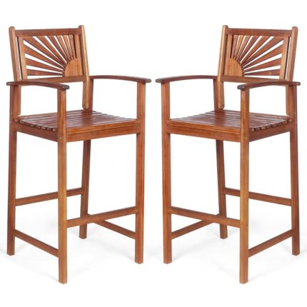 Set of 2 Bar Stools Outdoor Wood Bar Chairs with Sunflower Backrest