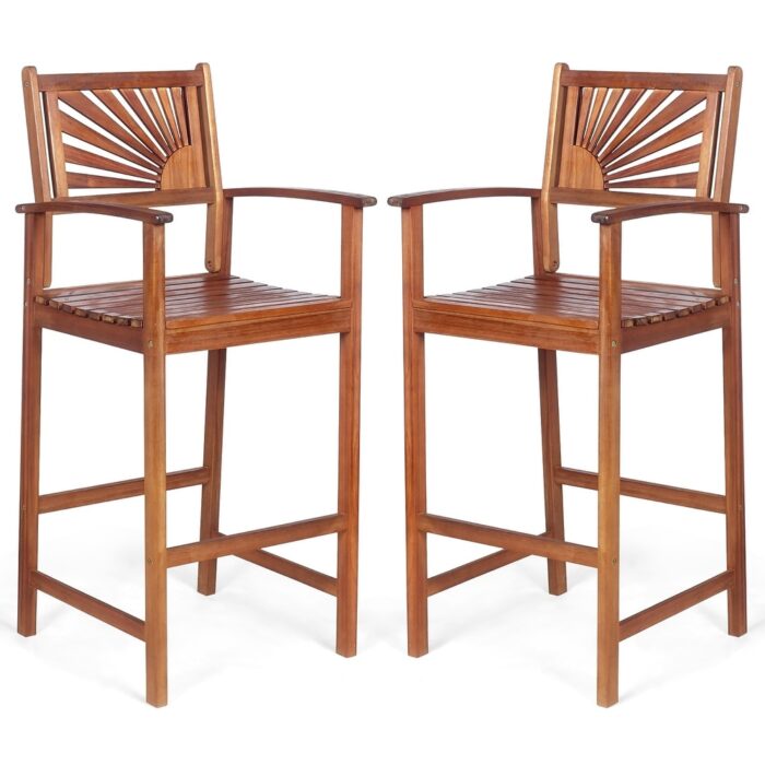 Set of 2 Bar Stools Outdoor Wood Bar Chairs with Sunflower Backrest