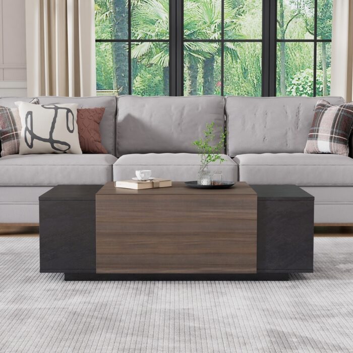 Light Brown Coffee Table Wood End Table with Hidden Storage & Drawer