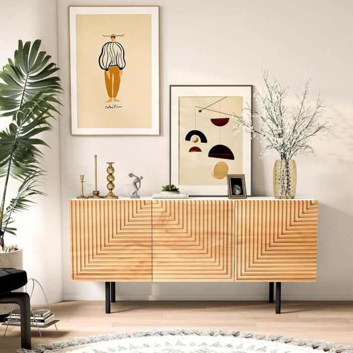 Roomfitters Mid Century TV Stand for TV's up to 65" with Wood Carved Geometric Designs, Media Console Entertainment Center - 59" - Image 2