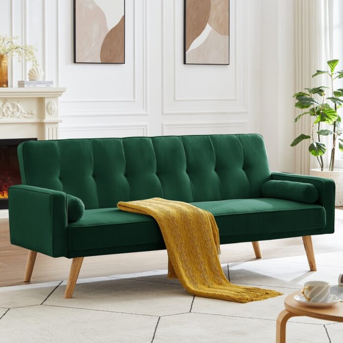 Velvet Sleeper Loveseat Sofa Bed Button Tufted Chaise Lounge Sofa Adjustable Back Recliner Couch with 2 Pillows for Livingroom