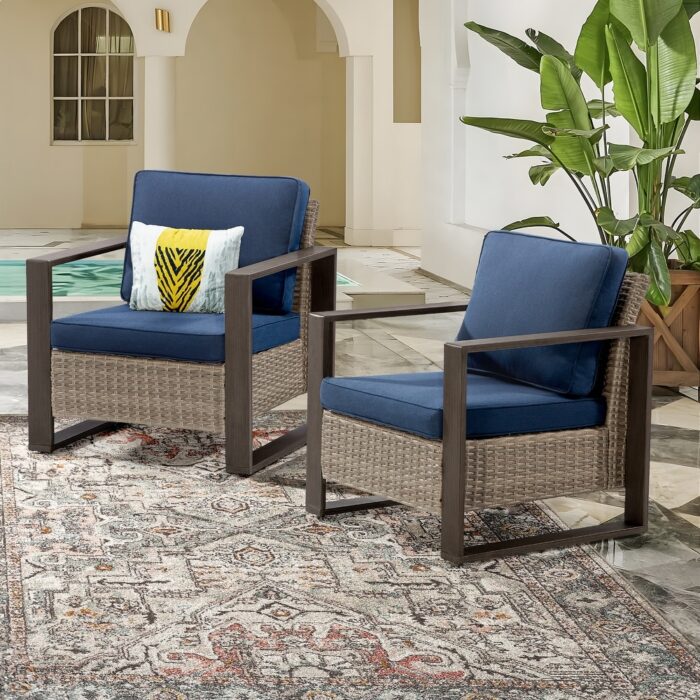 Cozywor 2-Piece Patio Wicker Outdoor Lounge Chair with Metal Frame and Cushions