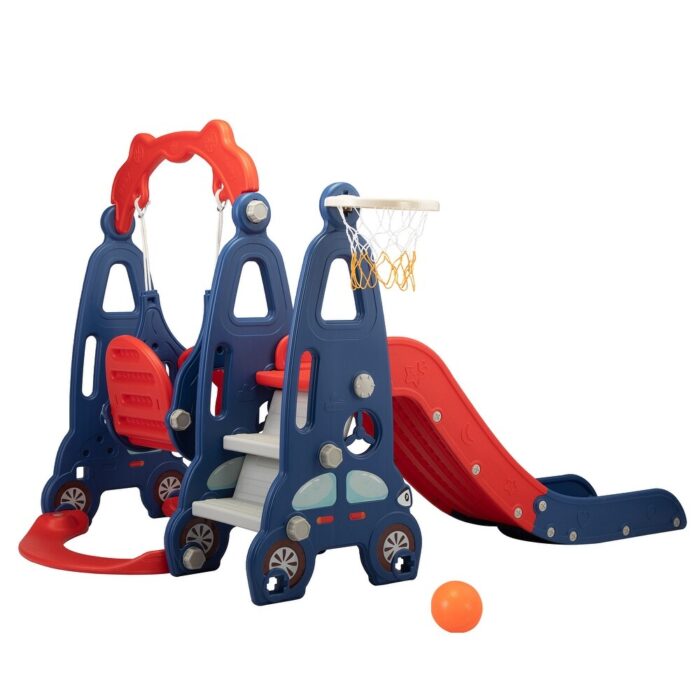 3 In 1 Slide and Swing Set with Basketball Hoop for 1-8 Years Old Children Indoor and Outdoor, Red & Blue - Image 2