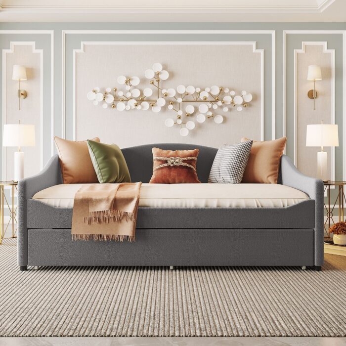 Full Size Daybed with Curved Design Arms and Backrest, Comfort & Soft Teddy Fleece Daybed with LED Light & Trundle Bed, Grey