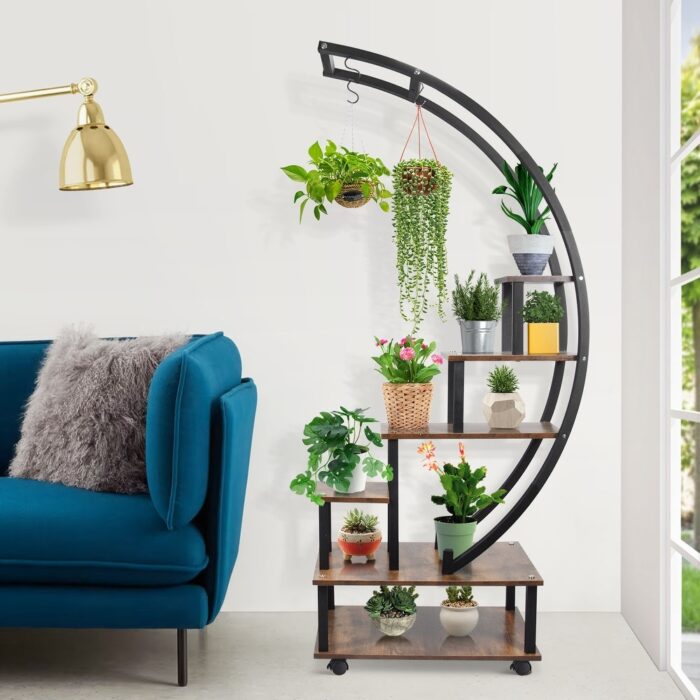 2 pcs 6 Tier Tall Metal Indoor Plant Stands with Hanging Loop,Half Moon Shaped Ladder Plant Shelf Holder - Image 2