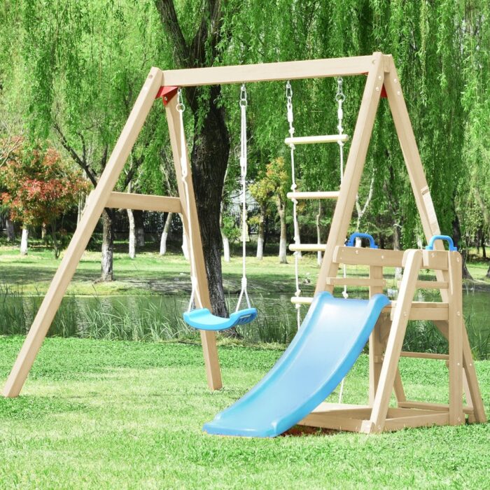 Wood Swing Set for Backyard, 4-in-1 Outdoor Swing Set w/Slide - 6'1''(H) x 7'11''(W) x 7'11''(D)