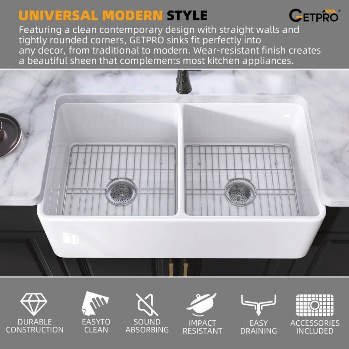 ZEAFIVE Farmhouse Apron-Front Double Bowls Matte Black Fireclay Kitchen Sink With Bottom Grids and Strainers - 33*18 - Image 2