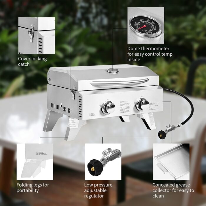 Portable Gas Grill with 2 Burner Folding Legs Built in Thermometer - Image 2