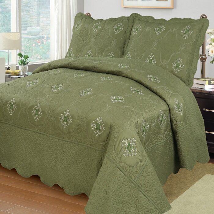 3Pcs Embroidery Quilts Bedspreads Set Coverlet Oversized King Sage