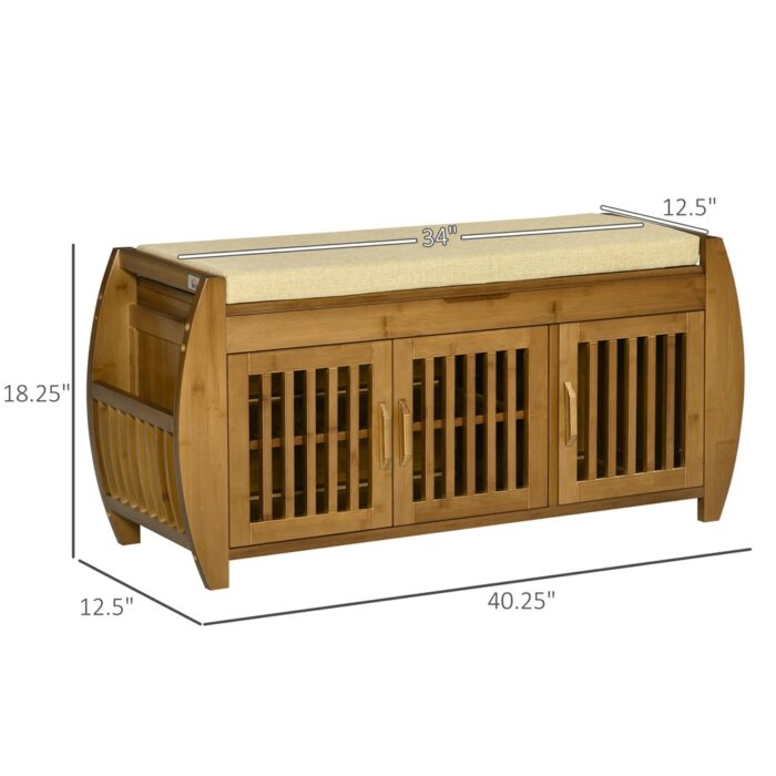 Bamboo Entryway Shoe Bench with Storage Cabinets, Seating Cushion - Image 2