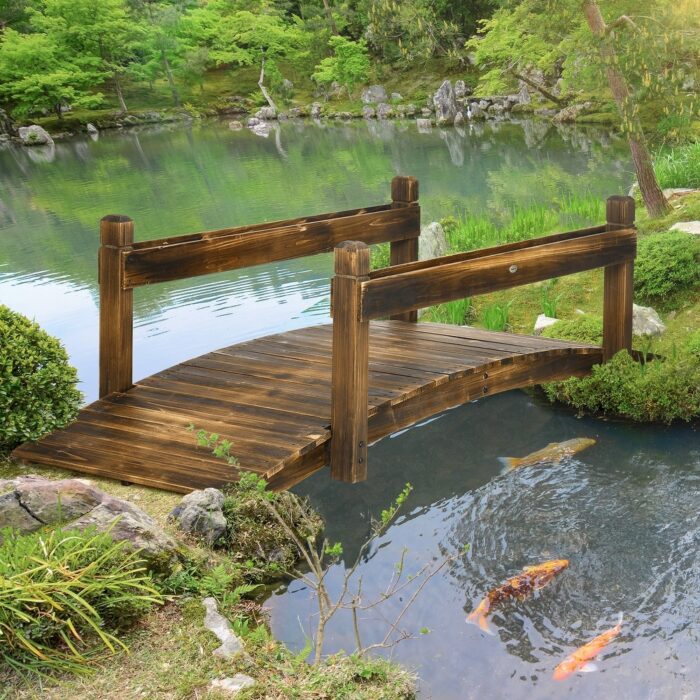 Outsunny 7.5' Wooden Garden Bridge with Planters, Stained Finish Arc Footbridge with Safety Railings for Backyard