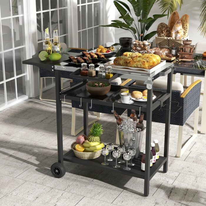 Outsunny Outdoor Bar Table with Stainless Steel Tabletop, Outdoor Kitchen Island with 2-Tier Shelf with Wheels, Patio Serving