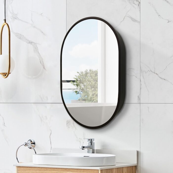 Oval Aluminum Frame Surface Mount Medicine Cabinet with Mirror and Shelves - Image 2
