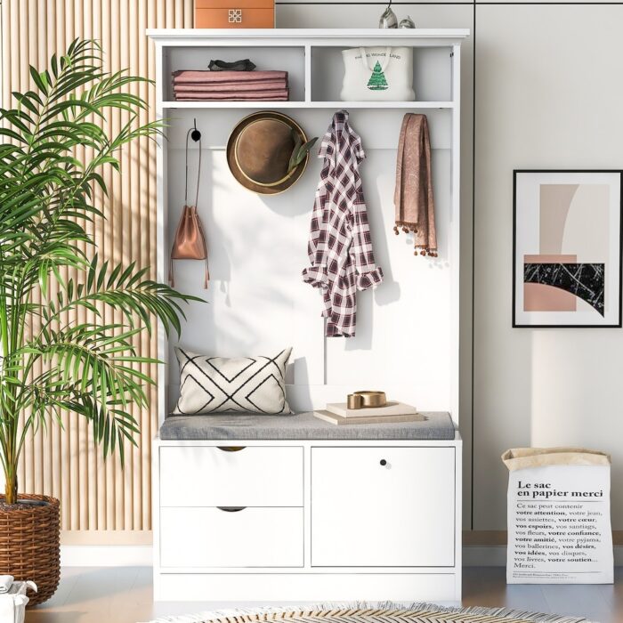 Wide Hall Tree with Storage Bench 5-in-1 Entryway Cushion Bench, White - Image 2