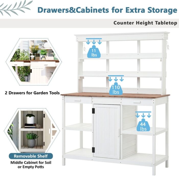 Large Outdoor Farmhouse Wooden Potting Bench Table, Garden Workstation with 2 Drawers, Cabinet and Open Shelves for Backyard - Image 2