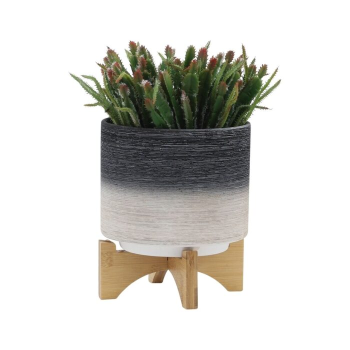 Set of 2 Modern Ceramic Planter with Wood Stand Indoor Outdoor Garden Cactus Succulent Planters Decoration Living Room - Image 2