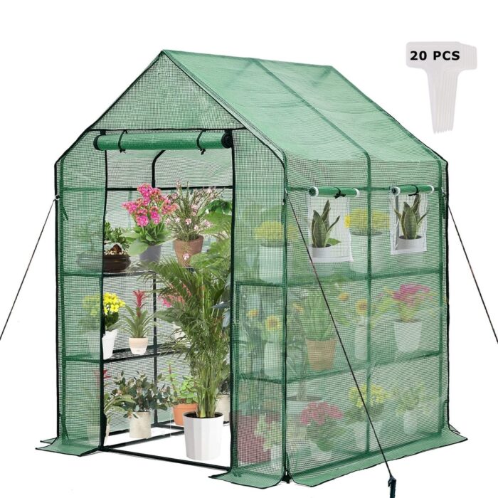 Walk-in Greenhouse Thickened PE Cover Heavy Duty Powder-Coated Steel, Mesh Door Screen Windows, 14 Sturdy Shelves 4.7x4.7x6.4 FT